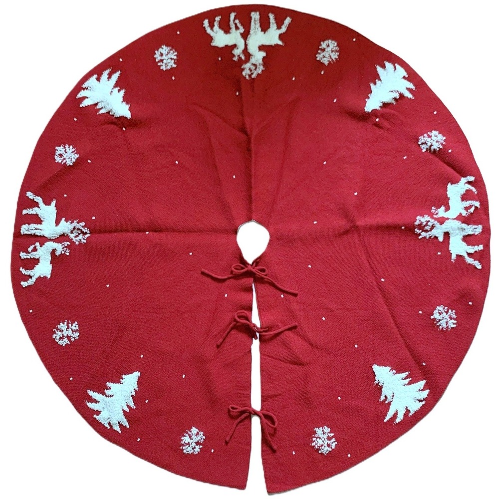 Christmas Tree Skirt Loop Embroidery - Reindeer Trees Snowflakes 47" NOS